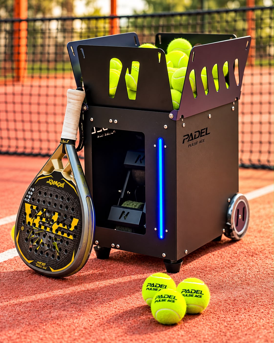 PPA Pro padel ball machine loaded with balls on a padel court, with a PPA padel racket and PPA padel balls